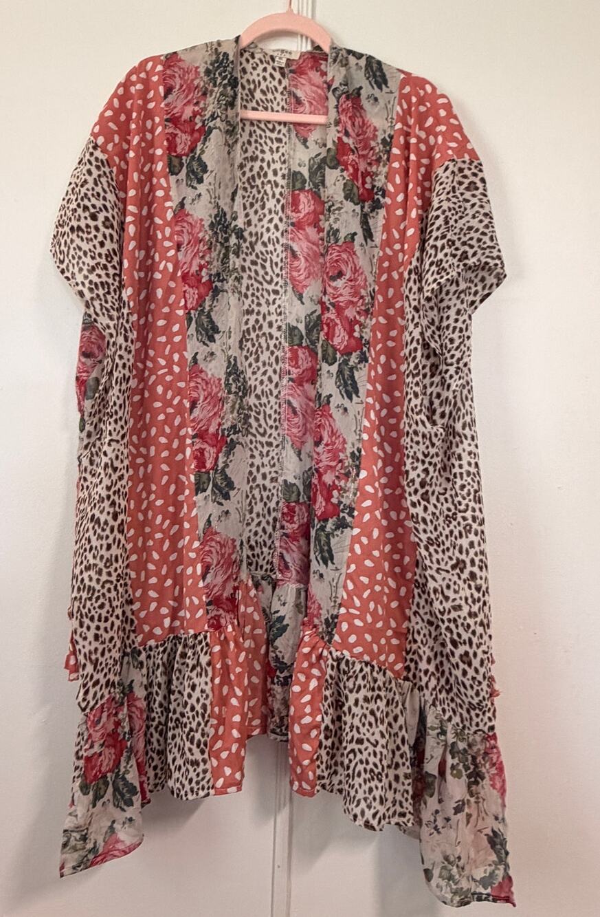 Umgee Boho Mixed Print Kimono Cardigan Ruffle Duster Floral Leopard M/L